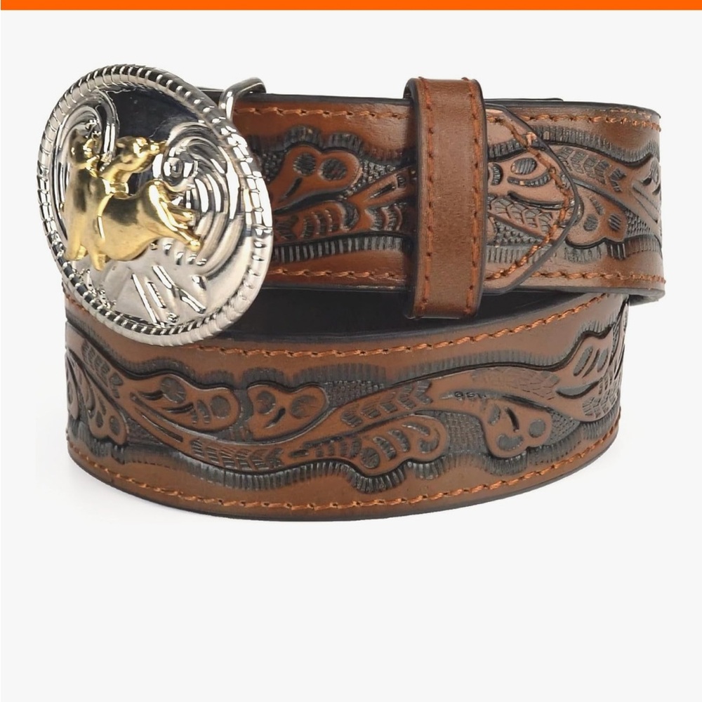 Nocona Boots Boys' 1-1/4" Tooled Bull Rider Floral Leather Western Belt Buckle